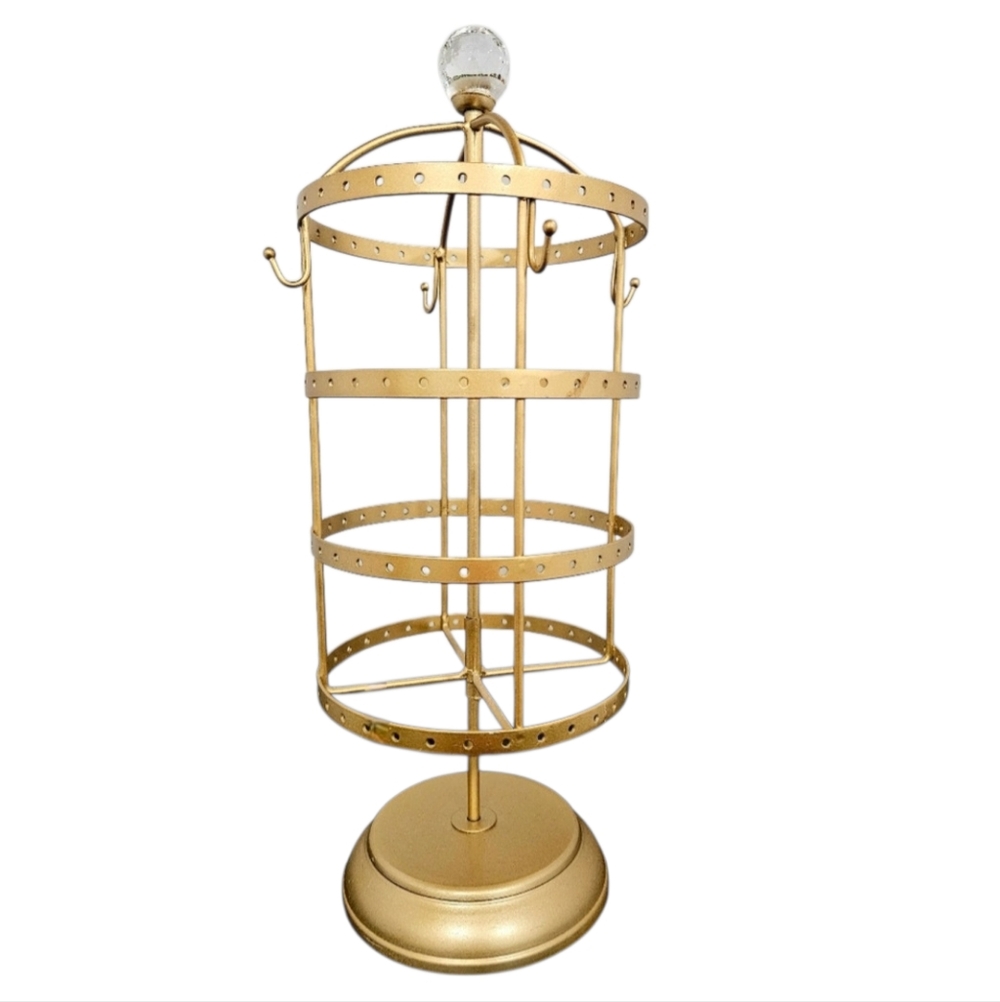 Earring carousel jewelry holder 4-tier hooks gold color EUC Organizer Display